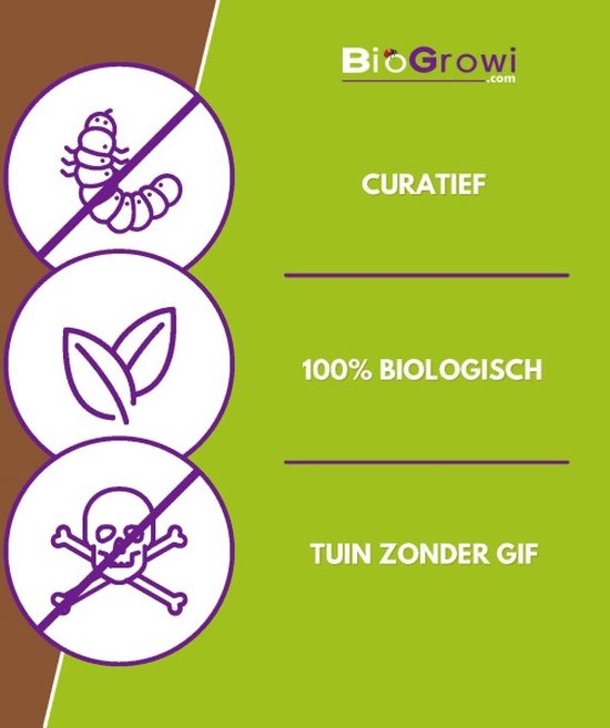Drie iconen: een rups met een kruis erdoor, bladeren, en een schedel met gekruiste botten met een kruis erdoor. Met de tekst "CURATIEF", "100% BIOLOGISCH", "TUIN ZONDER GIF".