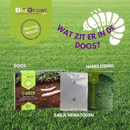 Kartonnen verpakking met daarin "DOOS", "ZAKJE NEMATODEN" en "HANDLEIDING". Met gras en een rups als illustratie.