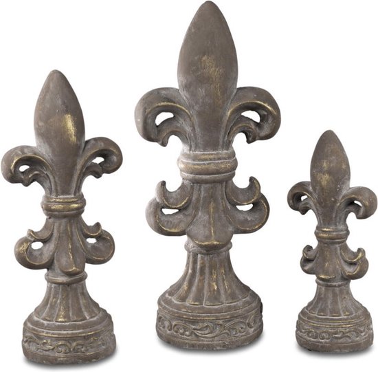 Franse lelie - Decoratie - 3 set - Landelijk symbool - Beton - bruin/goud - 43-36-28cm