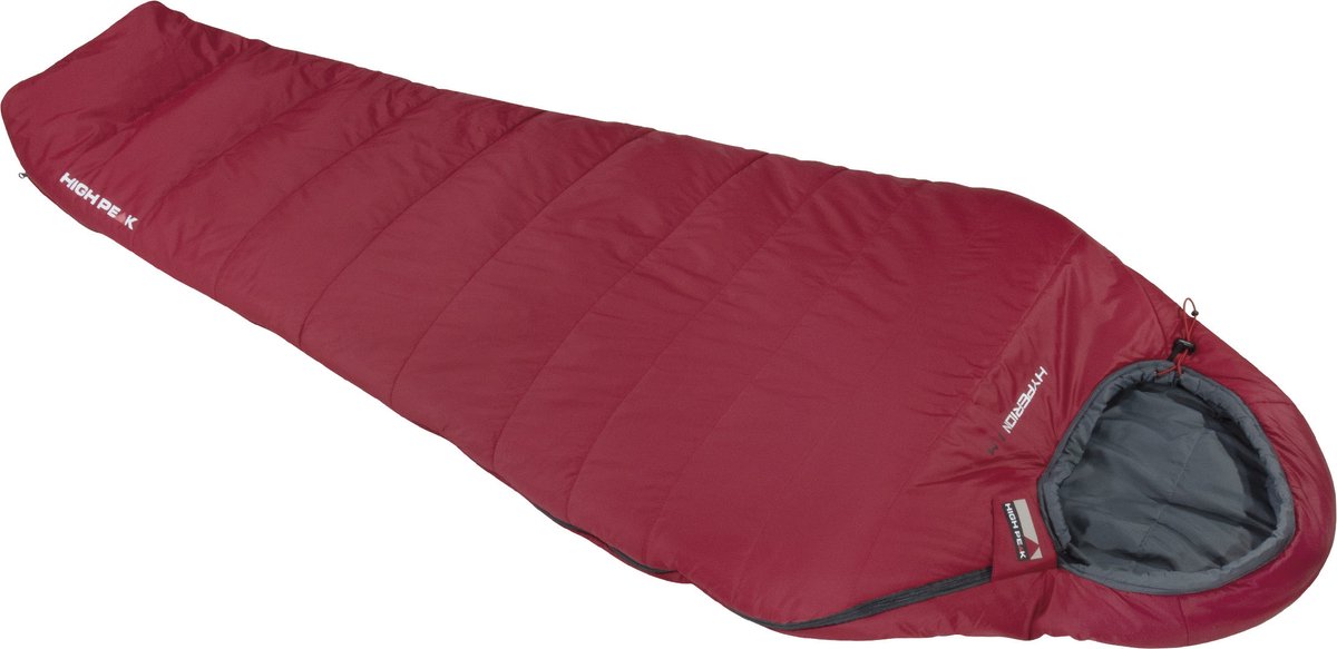 High Peak Hyperion 1M, hoogwaardige functionele mummieslaapzak, donkerrood, voor volwassenen, 3 seizoenen (lente-zomer-herfst), temperatuur +1°C, warm, incl. compressiehoes, compact, ideaal voor camping, wandelen, trekking, berg- en rugzaktours