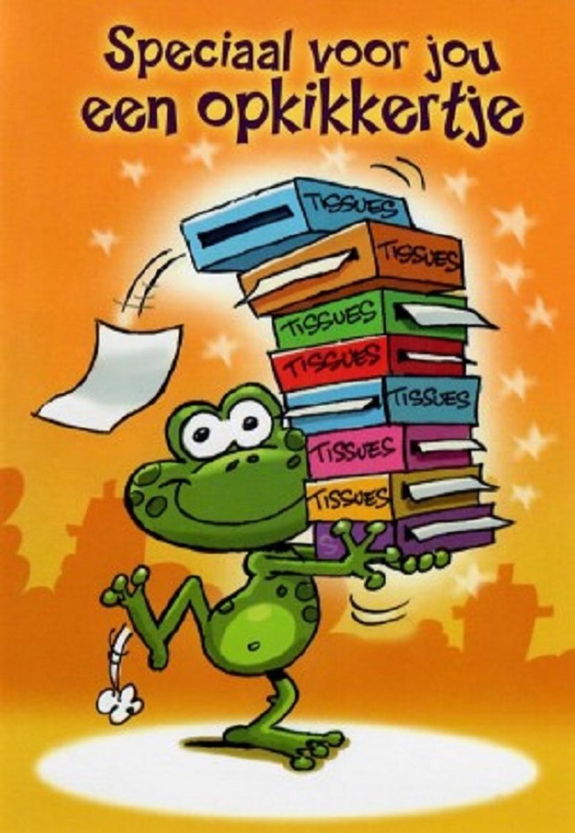 Speciaal voor jou! Een opkikkertje! Een ontzettend leuke wenskaart met een dansende kikker die 8 tissuedozen vast heeft. Een grappige en leuke kaart om te ontvangen als je ziek bent. Een dubbele wenskaart inclusief envelop en in folie verpakt.