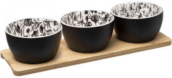 JJA Set apéritif avec 3 pots noir / fleur . 30x10cm | bol
