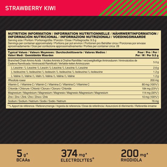 Voedingsinformatie voor BCAA Strawberry Kiwi met 5g BCAA's, 374mg elektrolyten en 200mg rhodiola.