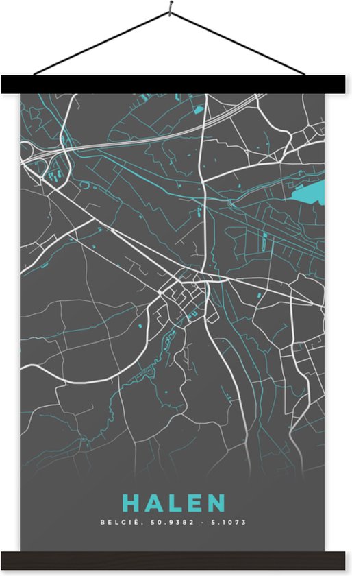 Porte-affiche avec affiche - Affiche scolaire - Plan de la ville - Grijs - Carte - Halen - België - Carte - 60x90 cm - Lattes noires
