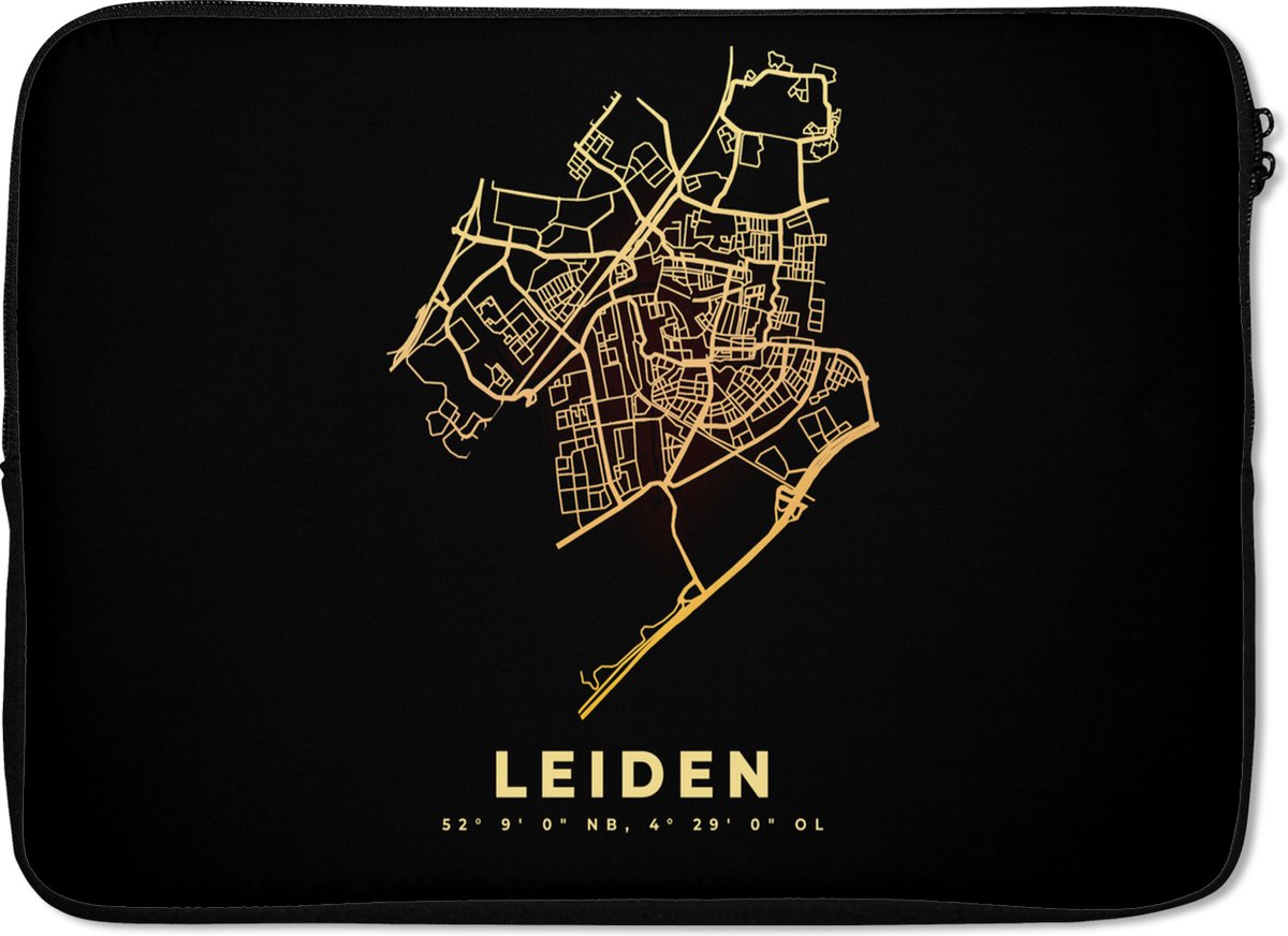 Laptophoes 13 inch - Stadskaart - Leiden - Plattegrond - Kaart - Nederland - Laptop sleeve - Binnenmaat 32x22,5 cm - Zwarte achterkant - Stadskaart
