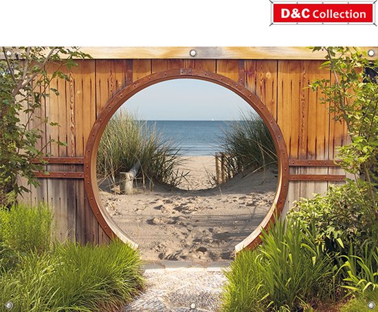 D&C Collection - tuinposter - 130x95 cm - doorkijk - gat in schutting Hollandse duinovergang - schuttingposter - strand - duinen