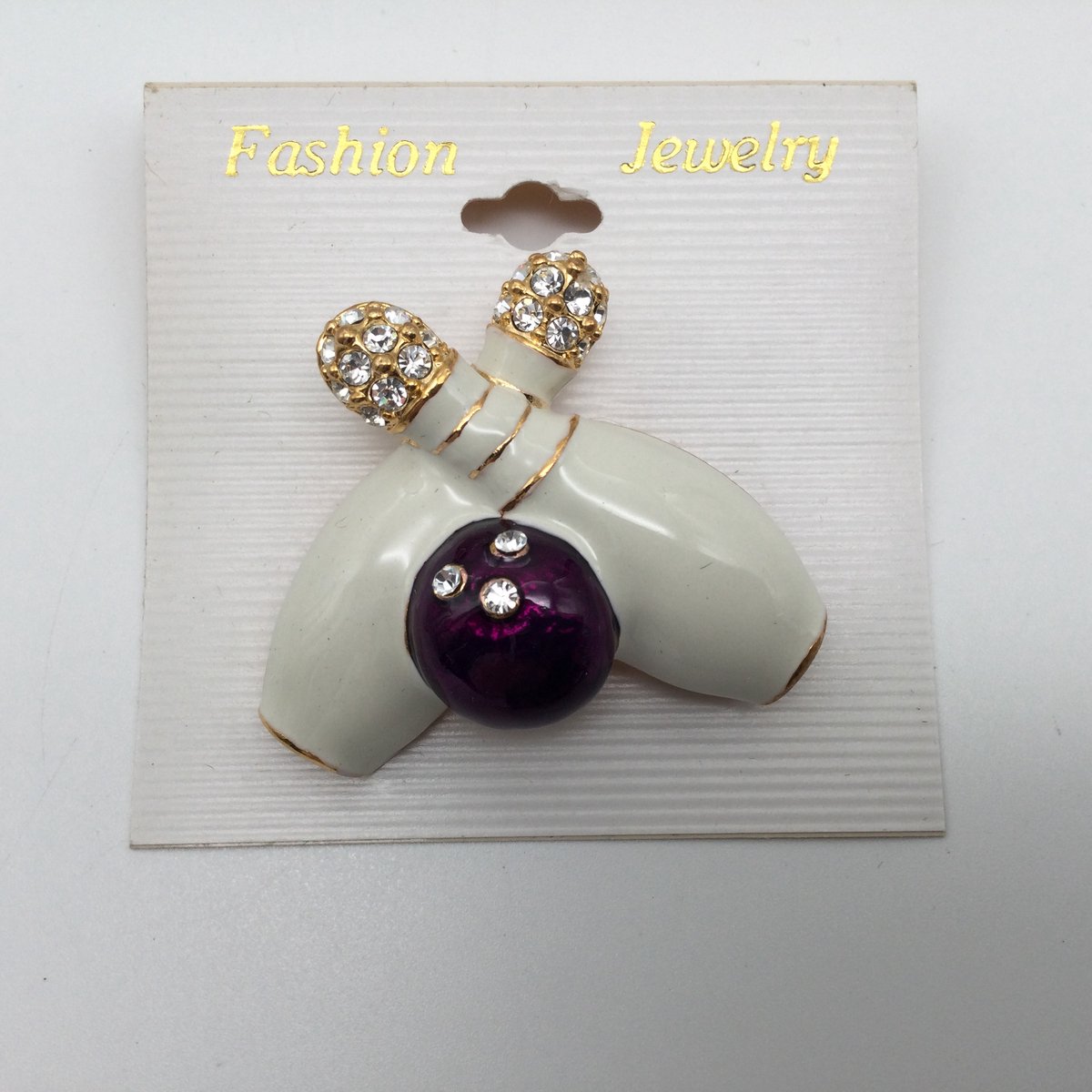 Bowling Bowlingsieraad gift 'Fasion Jewelry 2 pins met paarse bal, wit met steentjes' broche