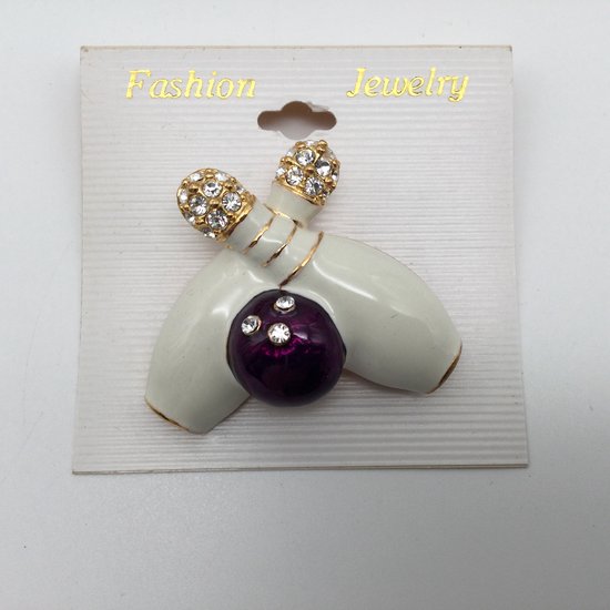 Bowling Bowlingsieraad gift 'Fasion Jewelry 2 pins met paarse bal, wit met steentjes'  broche