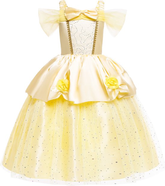 Robe Joya Beauty® Belle Dress Up | Princesse Robe | Déguisements La Belle et la Bête | Taille 104-110 (110) + couronne, bâton, Gants, collier, Ring et boucles d' Boucles d'oreilles GRATUITS