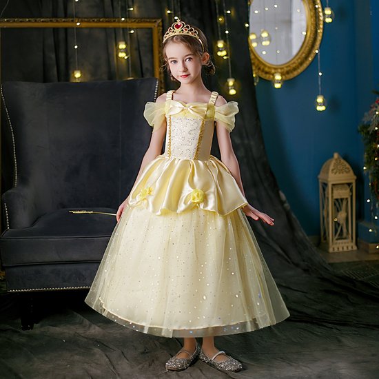 Robe Joya Beauty® Belle Dress Up | Princesse Robe | Déguisements La Belle et la Bête | Taille 104-110 (110) + couronne, bâton, Gants, collier, Ring et boucles d' Boucles d'oreilles GRATUITS