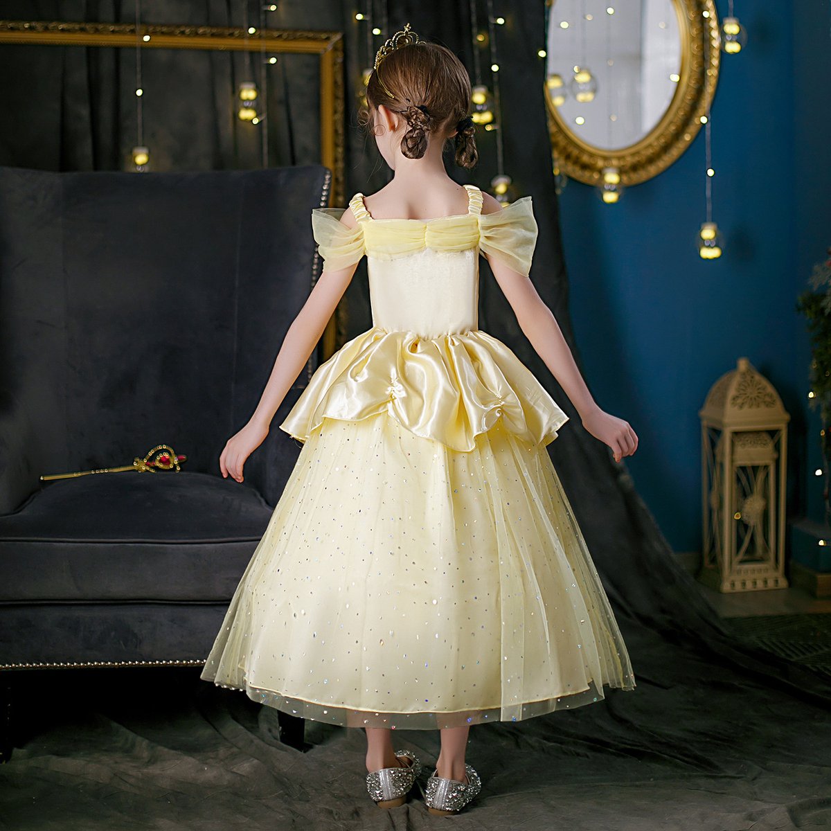 Joya Kids® Gele Verkleedjurk | Prinsessen Jurk | Prinses & het Beest verkleedkleding | (130) + kroon, Staf, Handschoenen, Ketting, Ring & Oorbellen | Sinterklaas kado cadeau meisje — afbeelding 10