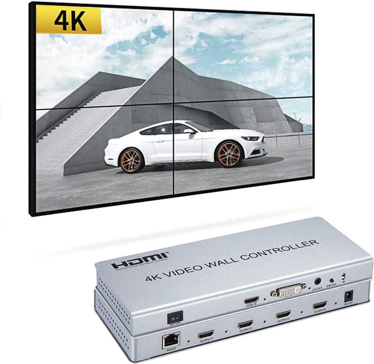 NÖRDIC HDVW2X2 HDMI switch 1 naar 4 - Multi Viewer - 4K30Hz - RJ45 - HDMI2.0 - 1 Stuk - Zilver