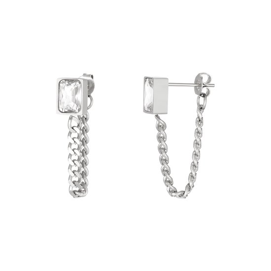 Earrings with chain and zircon  - Yehwang - Oorbellen - One size - Zilver