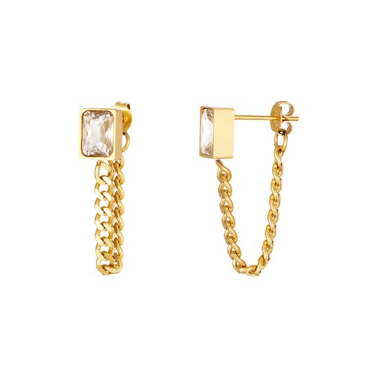 Earrings with chain and zircon - Yehwang - Oorbellen - One size - Goud