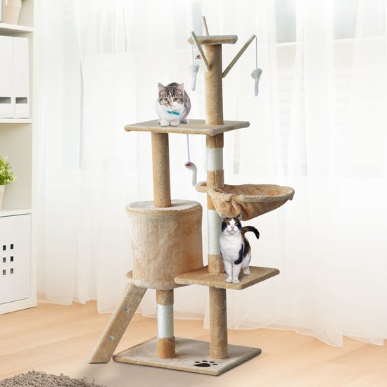 PawHut Kattenboom krabboom speelboom boom bal katten lichtgrijs