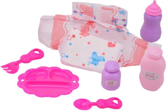 Een luier, paarse en roze flesjes, een paars potje, een roze bordje, een roze lepel en een roze vork.