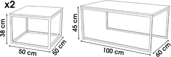 Dimensions d'un ensemble composé d'une grande et de deux petites tables basses.