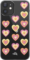 Retro Heart Pastel Pink - iPhone Transparant Case - Transparant siliconen hoesje geschikt voor iPhone 12 hoesje - Shockproof case doorzichtig met hartjes - Hartje beschermhoes