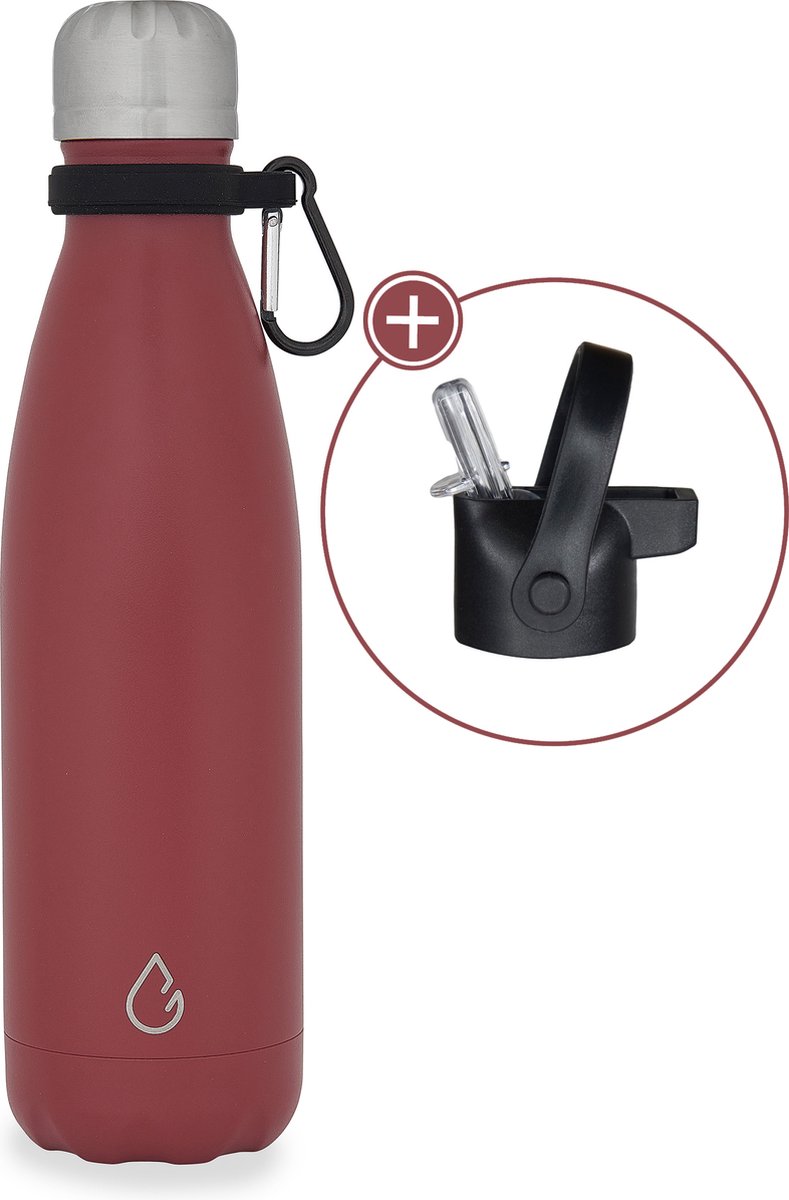 Wattamula Design eco RVS drinkfles - burgundy - extra dop met rietje en carrier - 500 ml - waterfles - thermosfles - sport