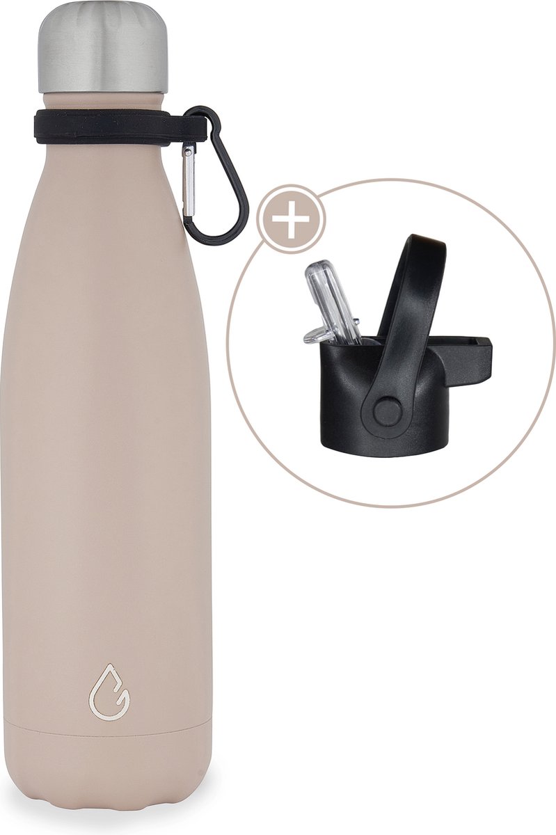 Wattamula Design eco RVS drinkfles - nude - extra dop met rietje en carrier - 500 ml - waterfles - thermosfles - sport