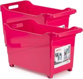 Set van 2x stuks kunststof trolleys fuchsia roze op wieltjes L45 x B24 x H27 cm - Voorraad/opberg boxen/bakken