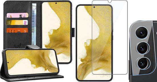 Coque Samsung Galaxy S22 Plus - Book Case Cuir Wallet Cover Wallet Card Holder Case Zwart - Protecteur d'écran en Tempered Glass trempé - Protecteur d'objectif d'appareil photo