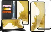 Samsung Galaxy S22 Plus Hoesje - Book Case Leer Wallet Cover Portemonnee Pasjeshouder Hoes Zwart - Full Tempered Glass Screenprotector