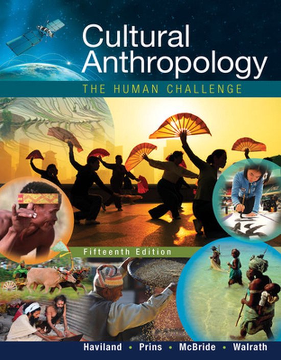 Boekomslag 'Cultural Anthropology: The Human Challenge', vijftiende editie, met afbeeldingen van culturele praktijken.