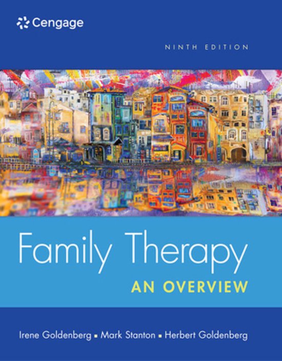 Boek 'Family Therapy: An Overview', negende editie, met een kleurrijke afbeelding van gebouwen aan het water.