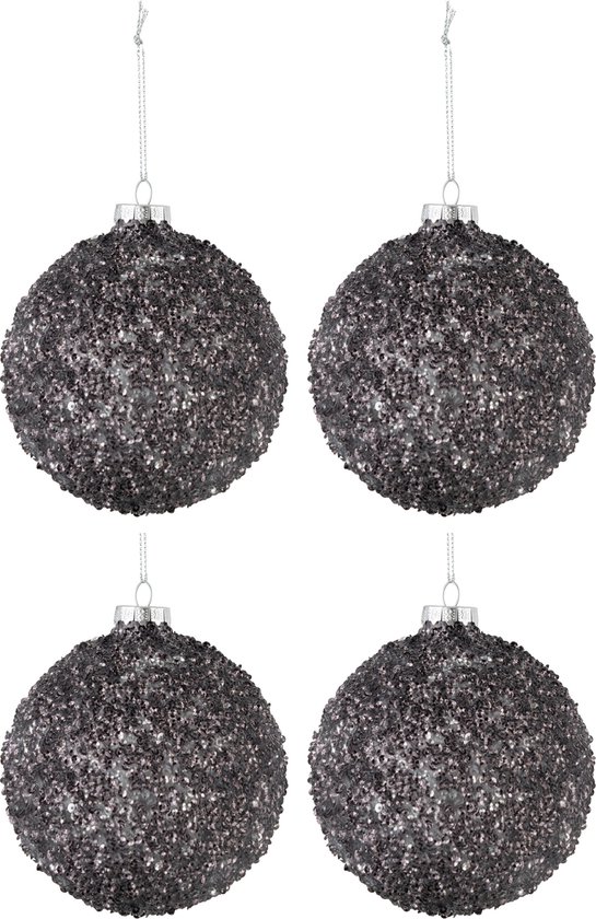 J-Line Doos Van 4 Kerstballen Glitter Glas Antraciet Grijs Medium