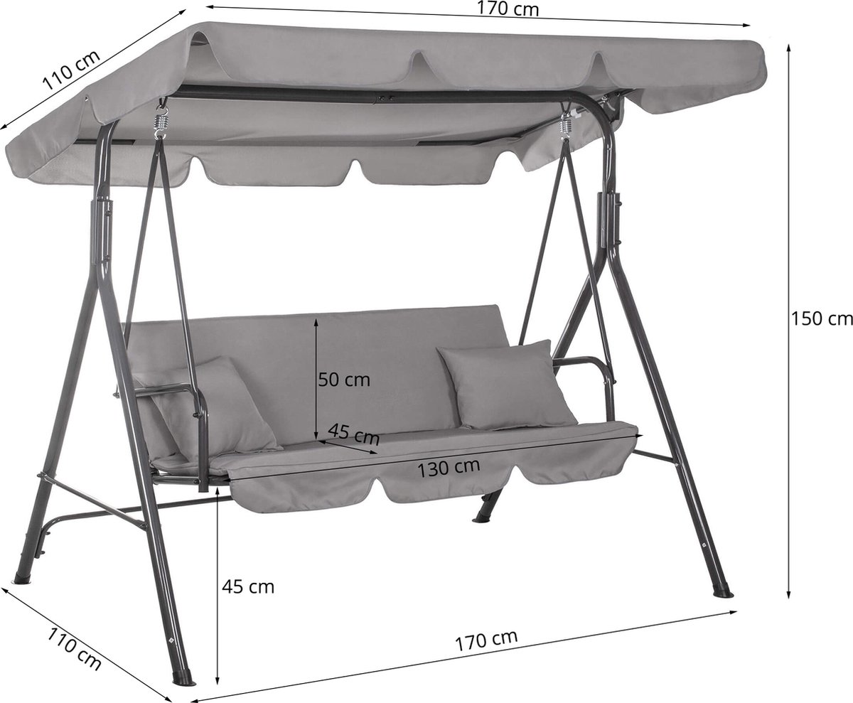 Springos - Schommelbank Luna - 3-zits - Grijs - 170 x 110 x 150 cm — afbeelding 2