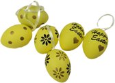 Decoratie Paaseitjes "Happy Easter" - Geel / Zwart - Kunststof - 4,5 x 3 cm - 6 Stuks - Pasen - Paasei - Ei - Eitje - Feestdag - Feest - Versiering