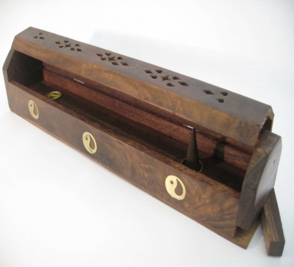 Sheesham Wood Incense Box with Brass Inlay, Ying Yang