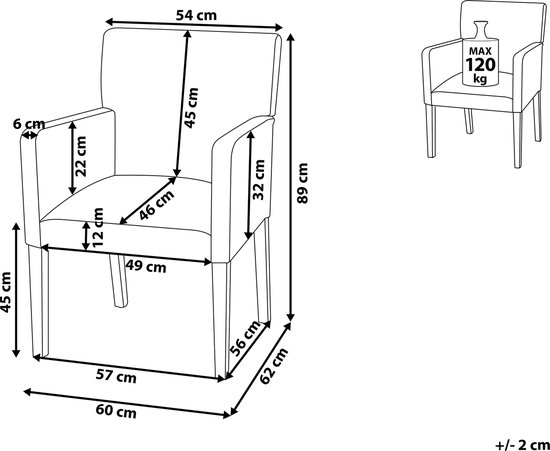 Dessin technique d'une chaise de salle à manger noire avec dimensions et charge maximale de 120 kg.