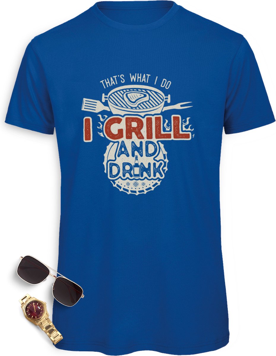 Heren t Shirt met BBQ opdruk - Mannen tShirt grappig Grill and Drink print - Maten: S M L XL XXL XXXL - Shirt kleuren: zwart, rood, urban oranje en royal blauw.