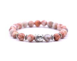 Armband met buddha bedel - Armband natuursteen - Kralen band - Dames / Heren / Unisex / Cadeau - Cadeau voor man & vrouw - Zilveren Buddha - Elastisch - Koraal