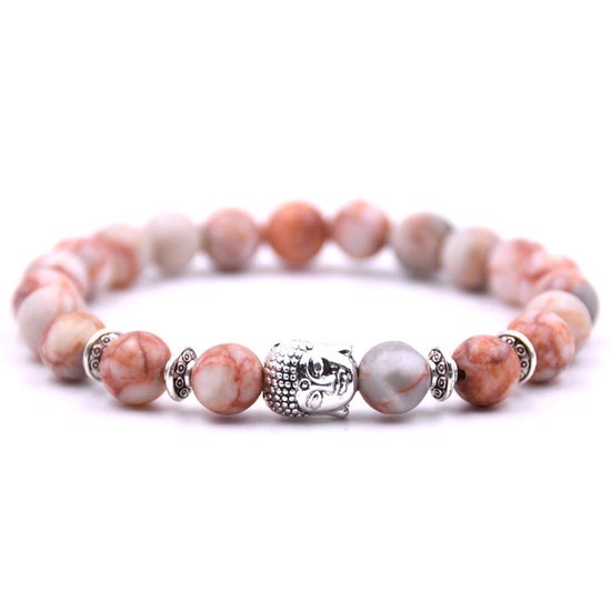 Bracelet avec breloque Bouddha - Bracelet pierre naturelle - Bande Perles - Femme / Homme / Unisexe / Cadeau - Cadeau pour homme & femme - Bouddha argenté - Élastique - Corail