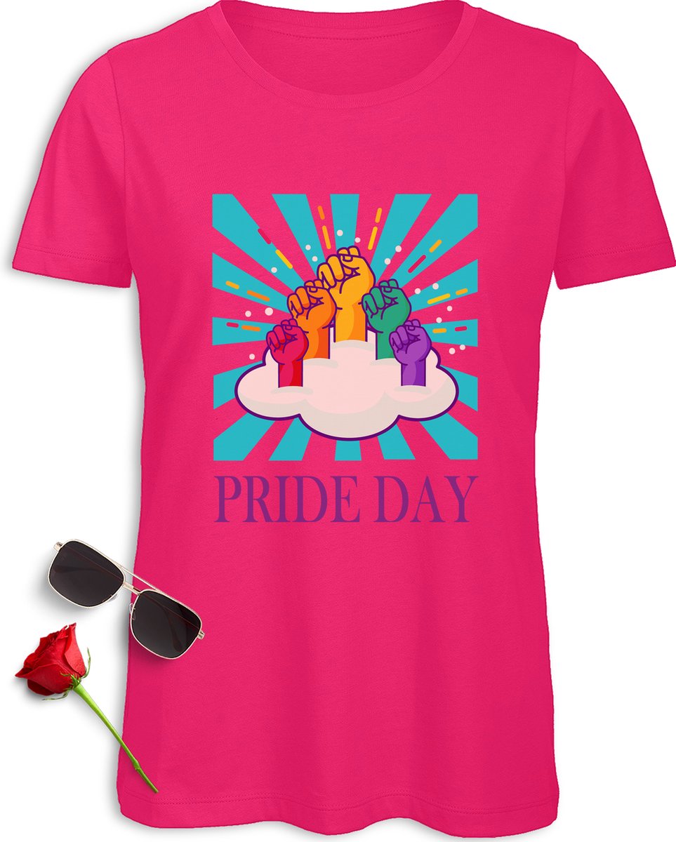 Pride Day vrouwen t-Shirt - Pride Day t Shirt dames - Pride Day Shirt met print opdruk - Maten: S M L XL XXL - tshirt kleuren: wit, zwart, oranje en fuchsia.