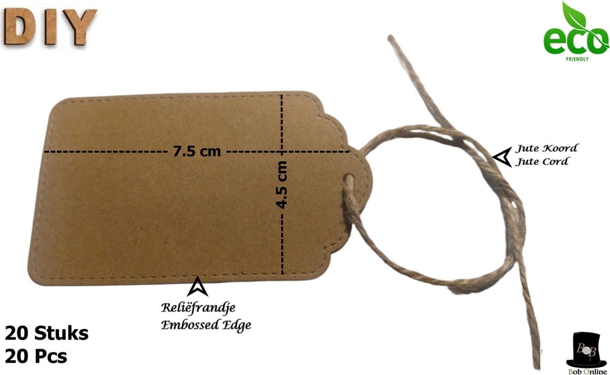 Bob Online ™ - 20 Stuks - Kraftpapier Etiketten – 7.5 * 4.5 cm - Cadeau labels Bruin Kraftpapier - Cadeau hangers met Jute Koord voor Huwelijksgeschenken, Kerstcadeaus, Feestgeschenken, Cadeau Decoratie – Craft Paper Gift Tags – Gift Tags + Jute Cord