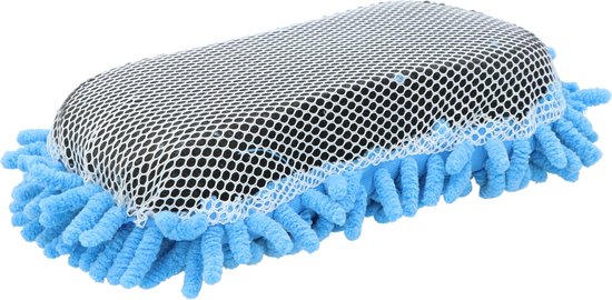 Blauwe spons met een gaas- en microvezeloppervlak.