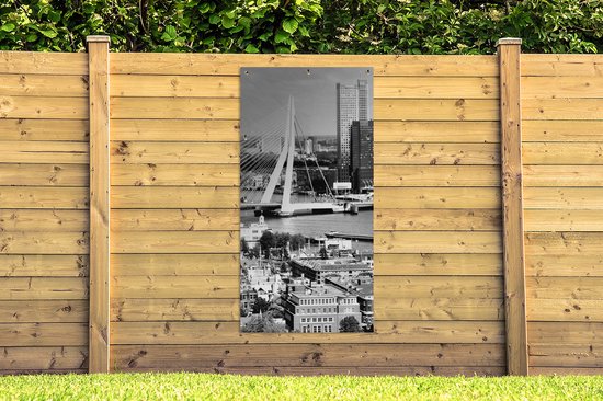 Affiche de clôture Rotterdam - Skyline - Zwart - Wit - 100x200 cm - Toile de jardin