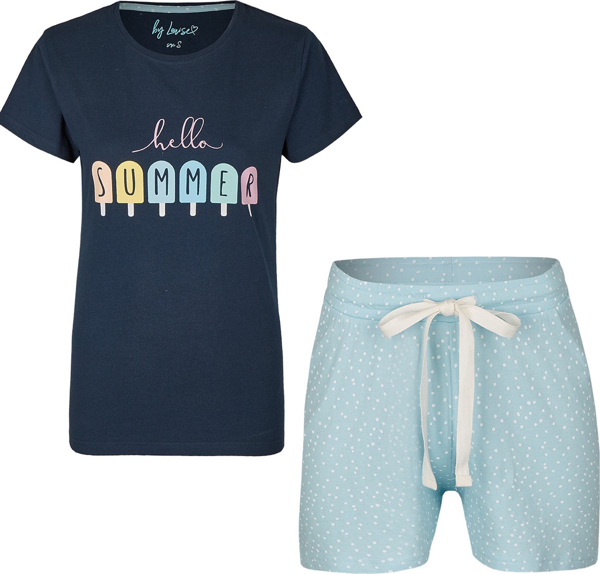 By Louise Dames Pyjamaset Hello Summer Print Shortama Blauw - Maat XL - Korte Pyjama