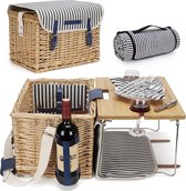 Rieten picknickmand voor 2, 2 persoons picknickset, wilgenmand servicegeschenkset met bamboe wijntafel met metalen poten voor kamperen en buitenfeest