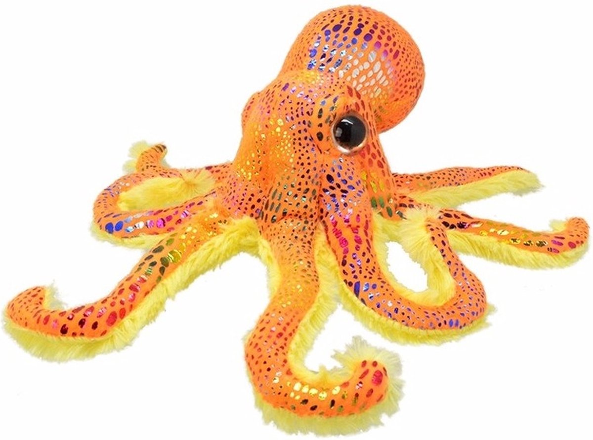 Wildplanet Pluche octopus - knuffelvis - oranje glitter - 25 cm - zeedier knuffel