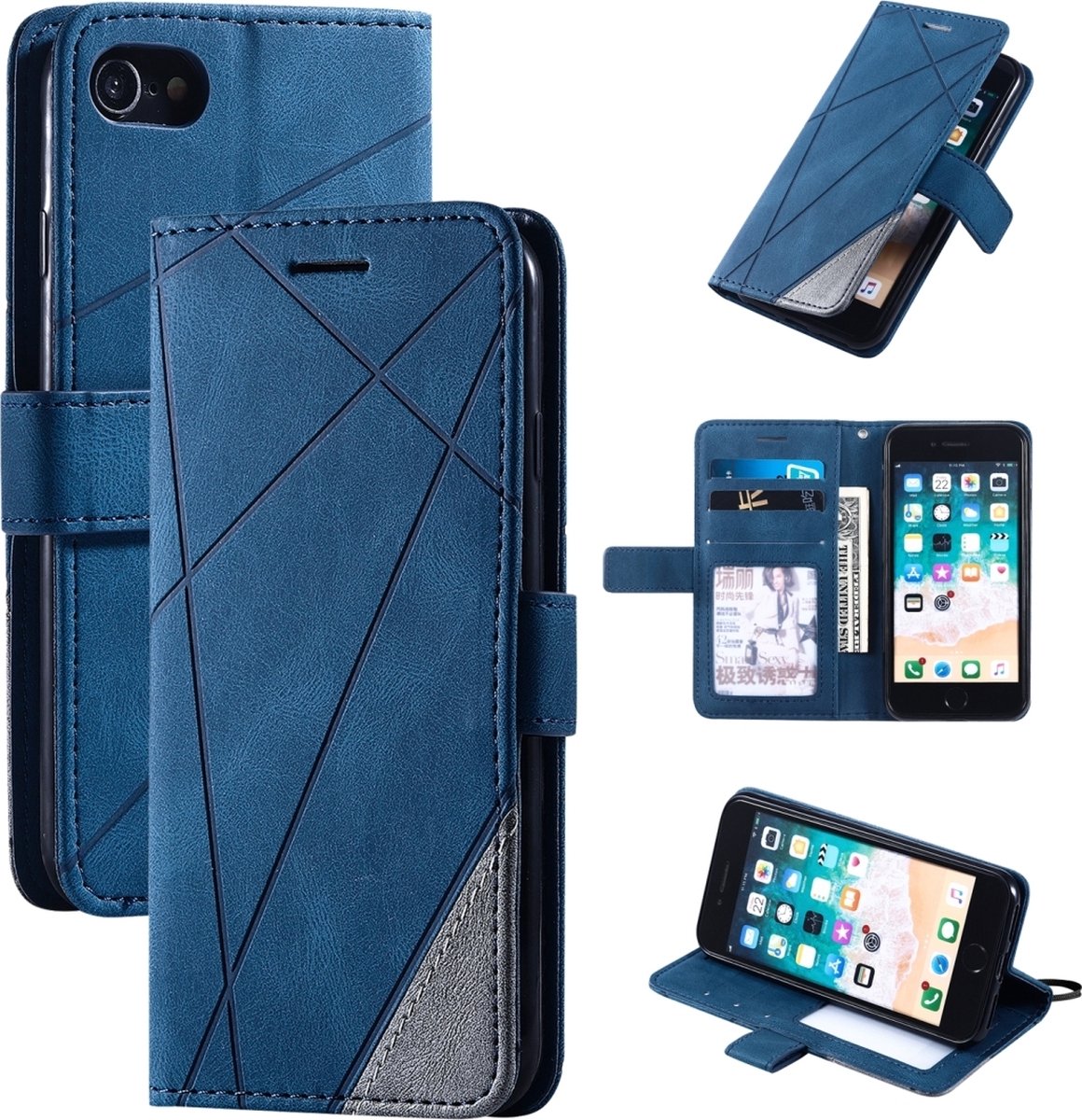 Mobigear Telefoonhoesje geschikt voor Apple iPhone SE (2022) Hoesje | Mobigear Rhombus Bookcase Portemonnee | Pasjeshouder voor 2 Pasjes | Telefoonhoesje voor Pinpas / OV Kaart / Rijbewijs - Blauw