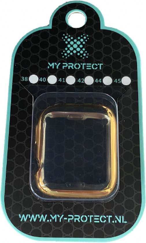 Verpakking van een gouden Apple Watch hoesje met verschillende maten 38-45.