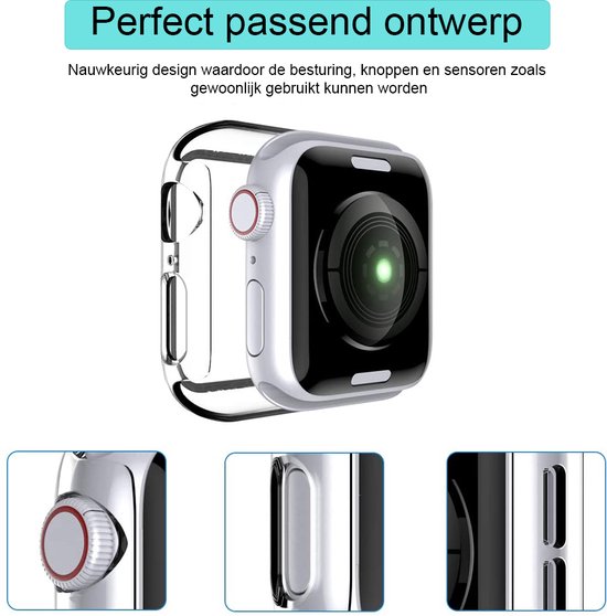 Apple Watch met transparante hoes, detail van knop en zijkant. Close-ups van knoppen.