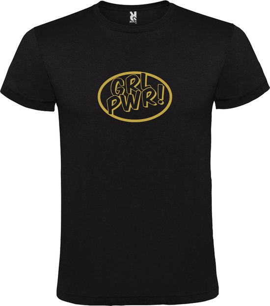 Zwart t-shirt met 'Girl Power / GRL PWR' print Goud Maat XL