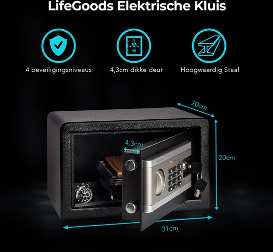LifeGoods Elektronische Kluis - Cijferslot - Sleutel - Muurbevestiging - 4,3cm Deur - 130dB Alarm - 8L - 31x20x20cm - 4,5KG - Staal - Zwart