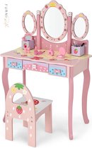 FURNIBELLA - Kaptafel voor kinderen met drievoudige spiegel, kinder kaptafel en stoel met 3 lades, 2 opbergdozen, meisjes make-up tafel met krukje voor kinderen (Roze)